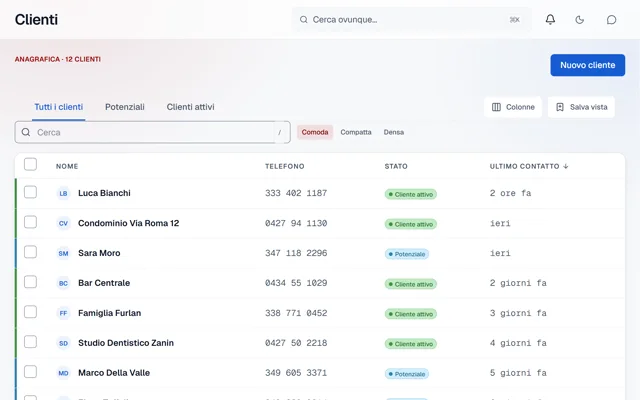 Schermata Clienti: anagrafica e storico